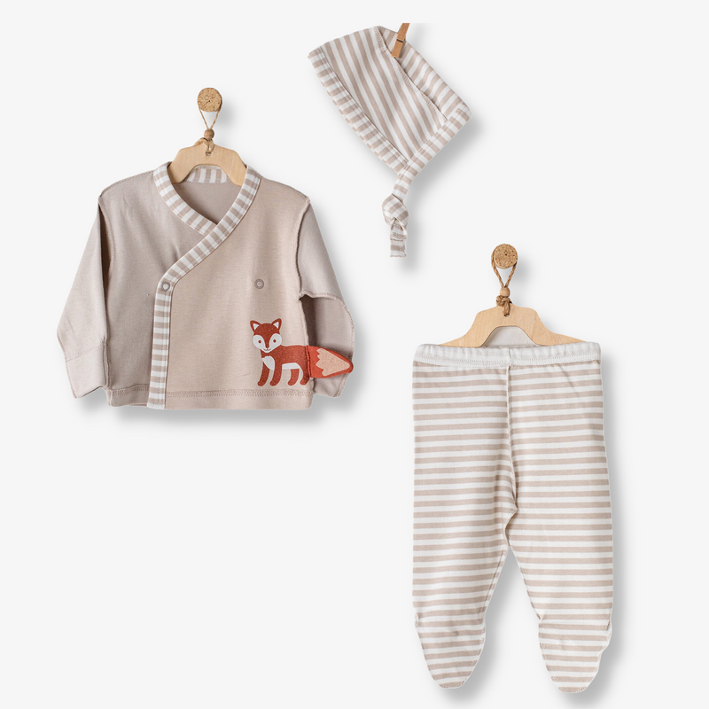 Комплект одежды 3ед. Organic Cotton Newborn Распашонка+Ползунки+Чепчик AndyWawa р.56 (0-3 мес) с нашивкой лисичка беж КО-0002 фото
