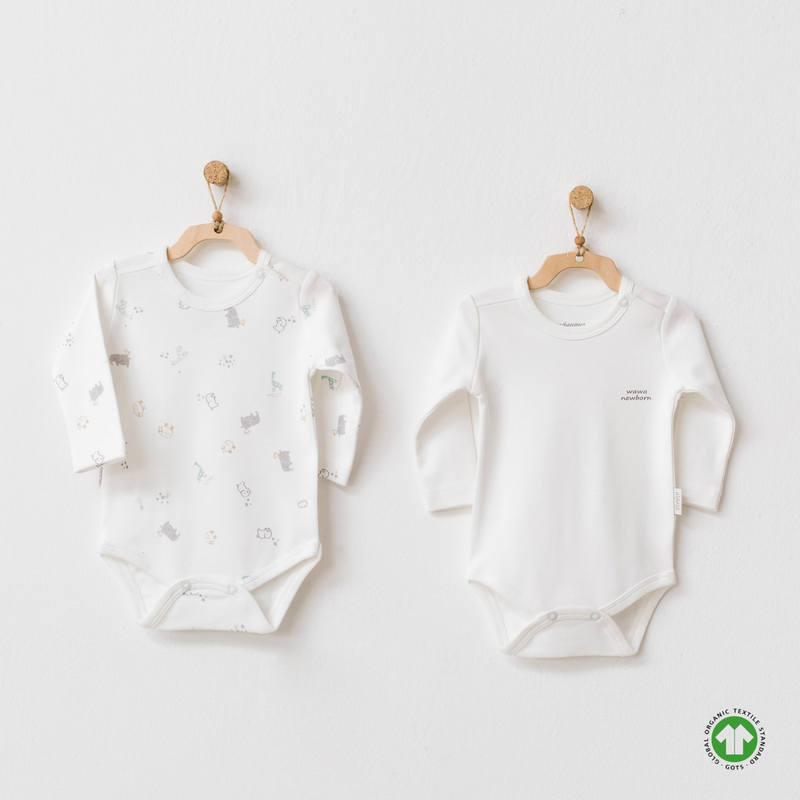 Боді 2шт Organic Cotton р.50 (0-1 міс) AndyWawa Звірята та однотон молочний Б-002-1 фото